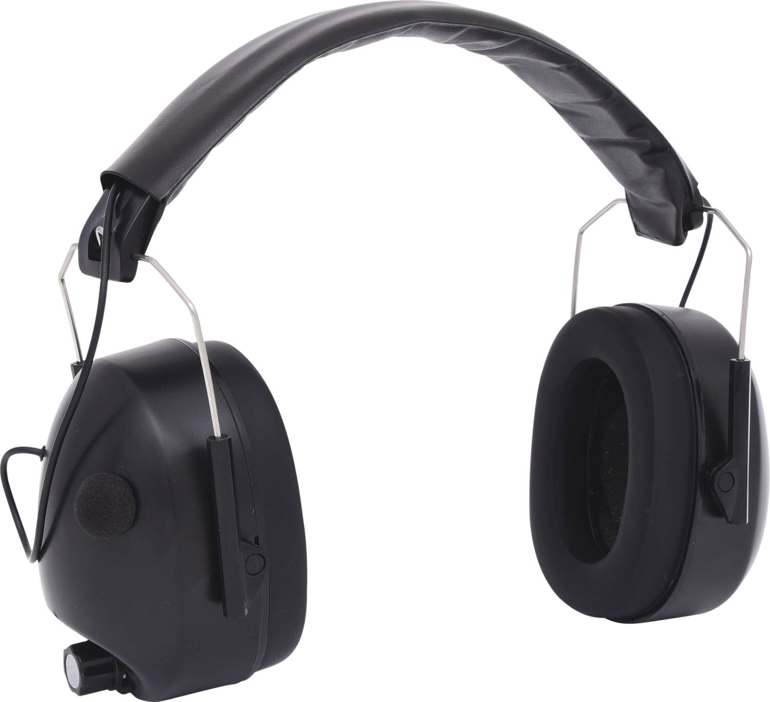 Para czarnych słuchawek ochronnych z wyściełanym pałąkiem i nausznikami.