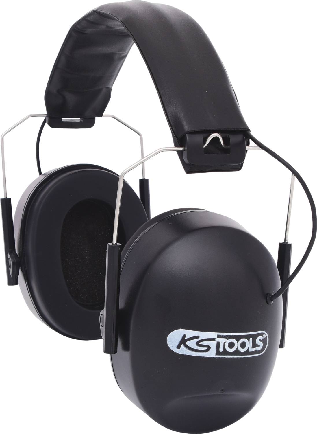 Czarne ochronniki słuchu z metalową oprawką, oznaczone logo 'KS Tools'. Przeznaczone do redukcji hałasu w głośnych środowiskach.