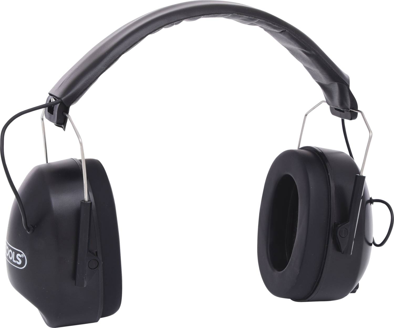 Czarne nauszniki ochronne z wyściełanymi muszlami i regulowanym pałąkiem. Zaprojektowane do redukcji hałasu.