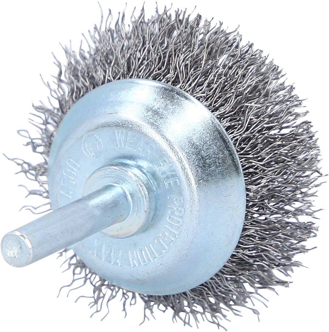 Metalowa szczotka druciana z włosiem do prac czyszczących lub szlifujących; mocowana do wiertarki lub szlifierki.