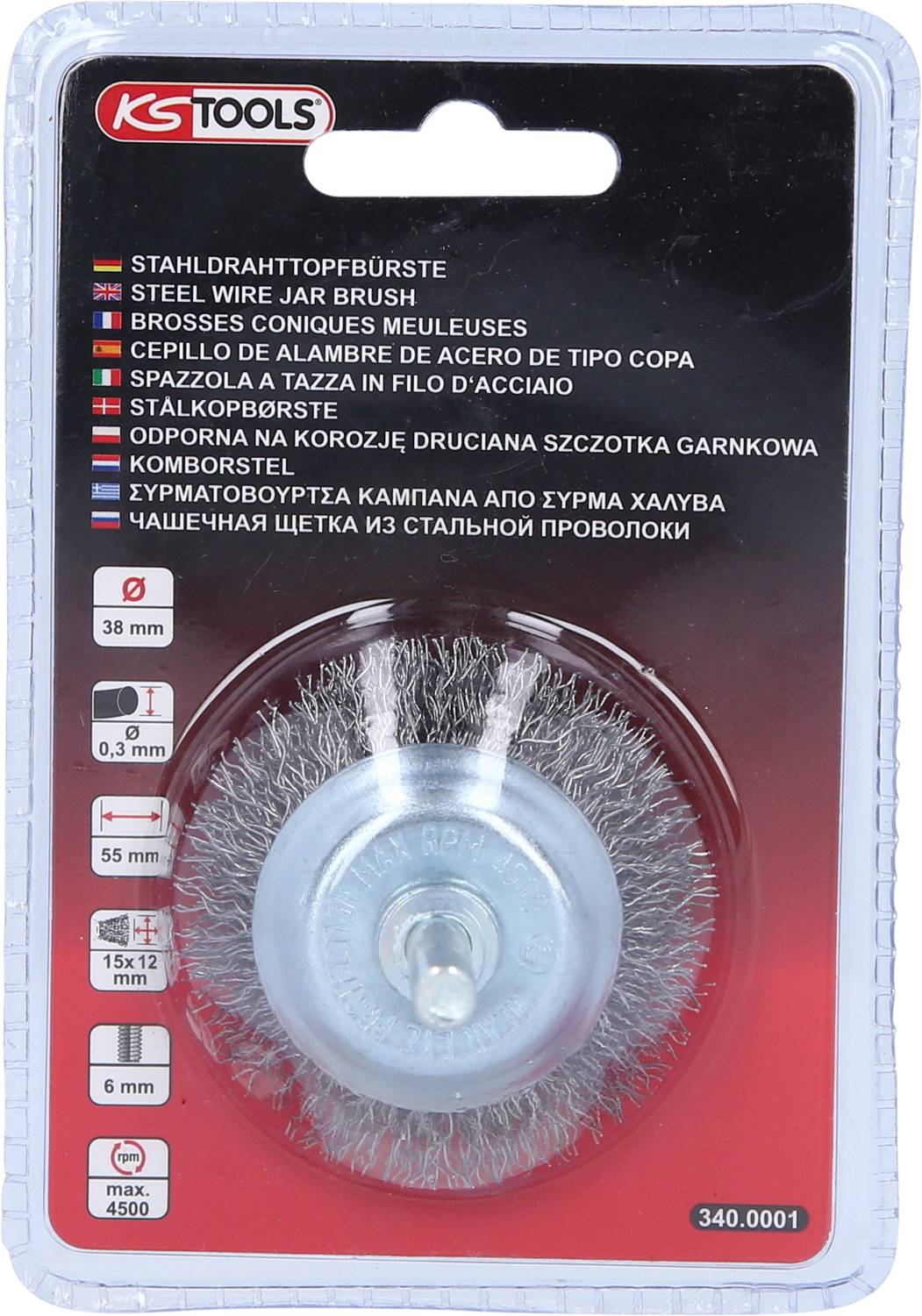 Szczotka druciana stalowa KS Tools w opakowaniu. Średnica: 38 mm, zalecana prędkość obrotowa: maks. 4500 obr./min. Teksty w kilku językach.