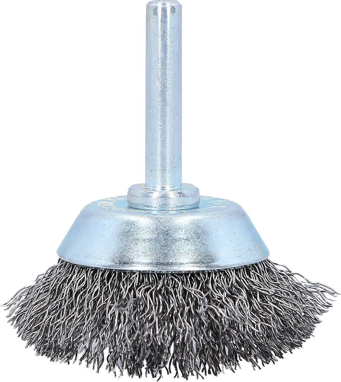 Okrągła szczotka druciana z metalowymi włoskami i metalowym uchwytem, często używana do czyszczenia powierzchni metalowych.