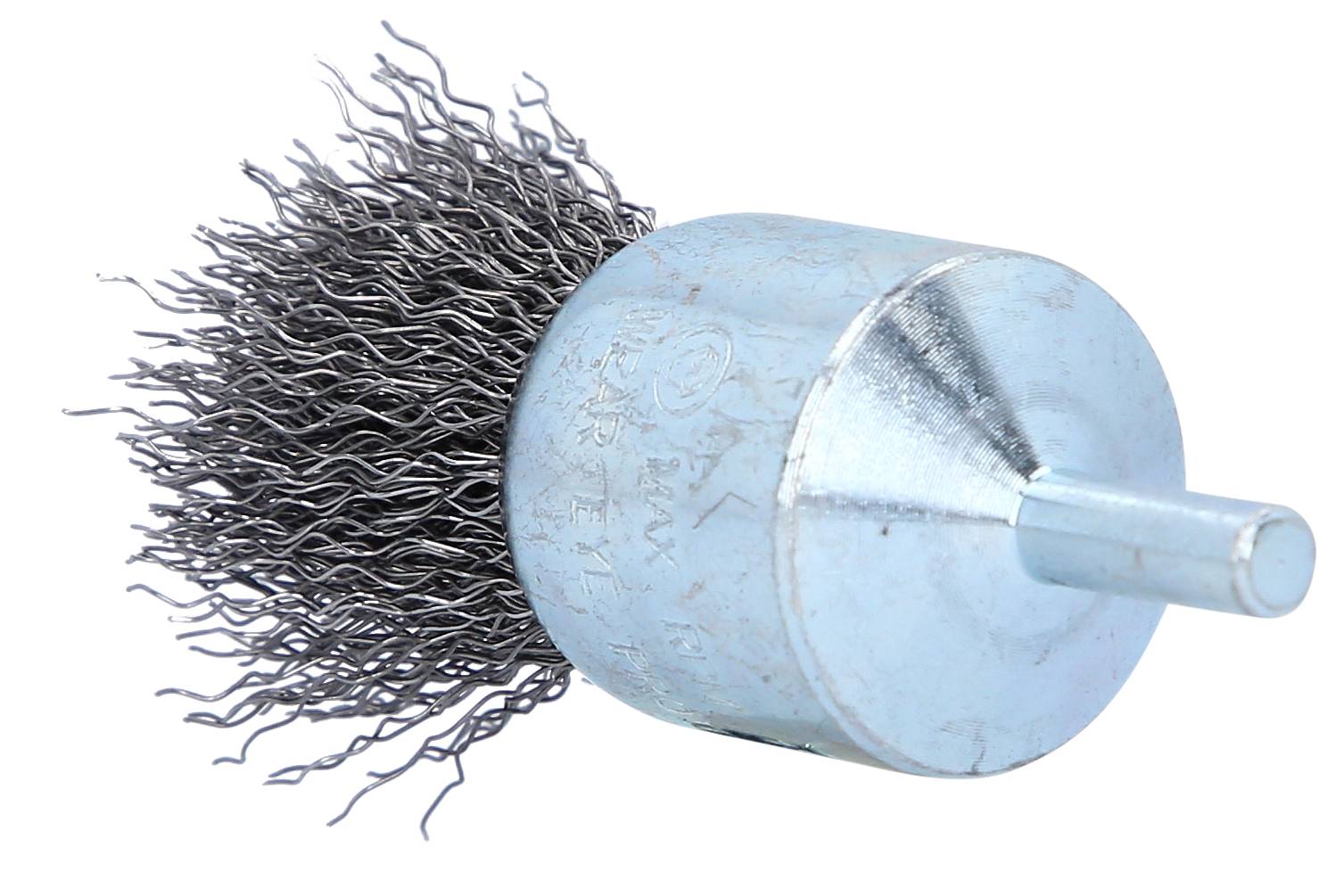 Metalowy druciano-szczotkowy osprzęt z gęstymi włoskami, używany do prac szlifierskich lub usuwania rdzy z twardych powierzchni.