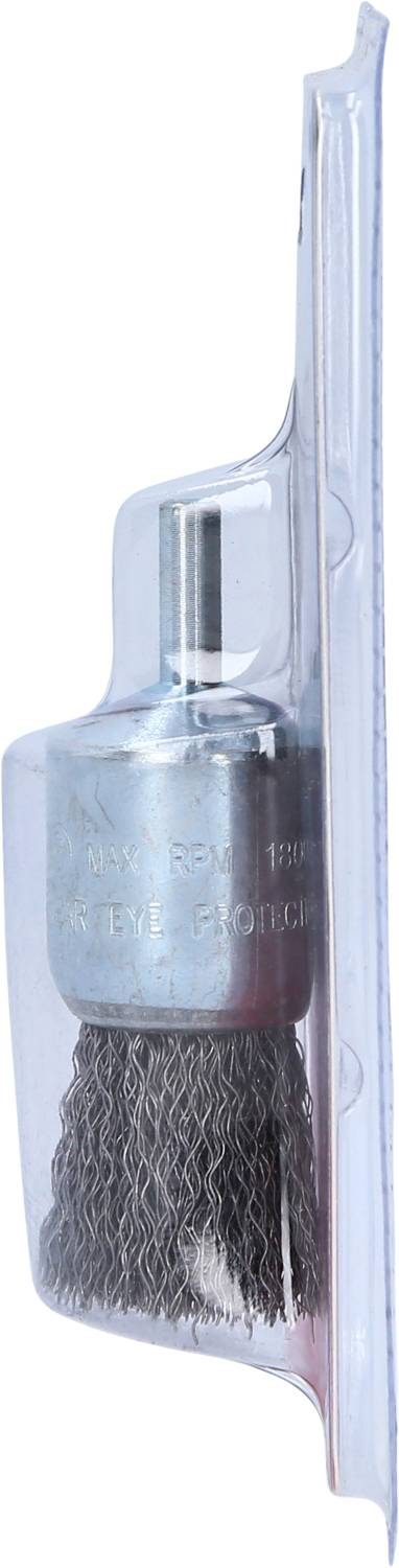 Nasadka druciana w opakowaniu plastikowym, odpowiednia do wiertarek do usuwania rdzy lub farby. Widok produktu z opakowania z boku.