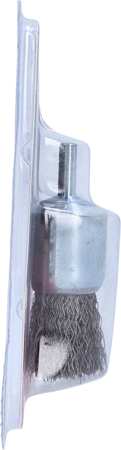 Szczotka druciana w opakowaniu plastikowym, widziana z boku. Służy do czyszczenia powierzchni lub usuwania rdzy.