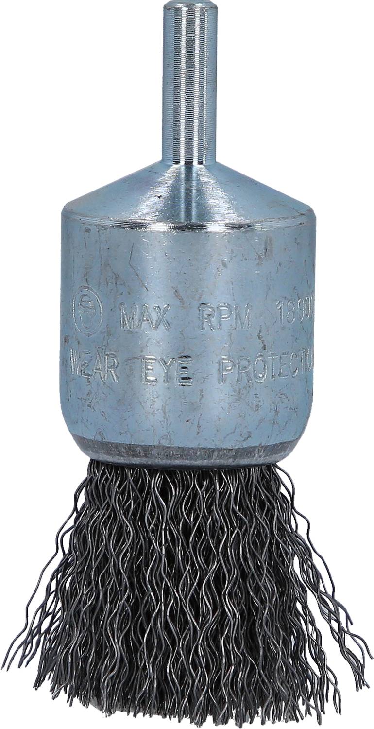 'Końcówka szczotki drucianej z srebrnym korpusem metalowym i czarnymi stalowymi włoskami, odpowiednia do wiertarek do czyszczenia i obróbki metalu.'