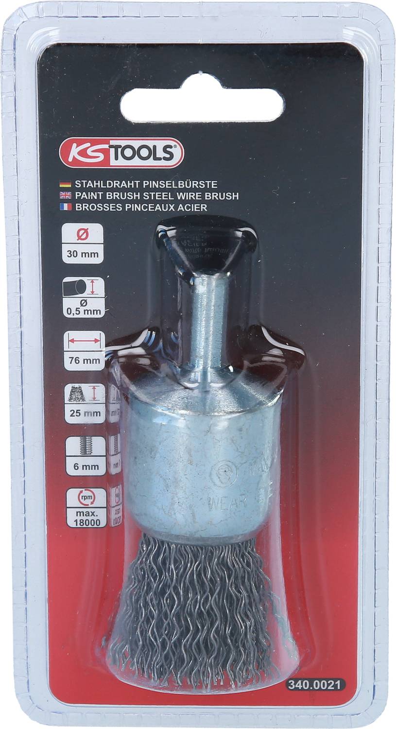 Szczotka druciana stalowa firmy KS Tools w opakowaniu, odpowiednia do wiertarek, o wymiarach i maksymalnej prędkości obrotowej 18.000 obr./min.