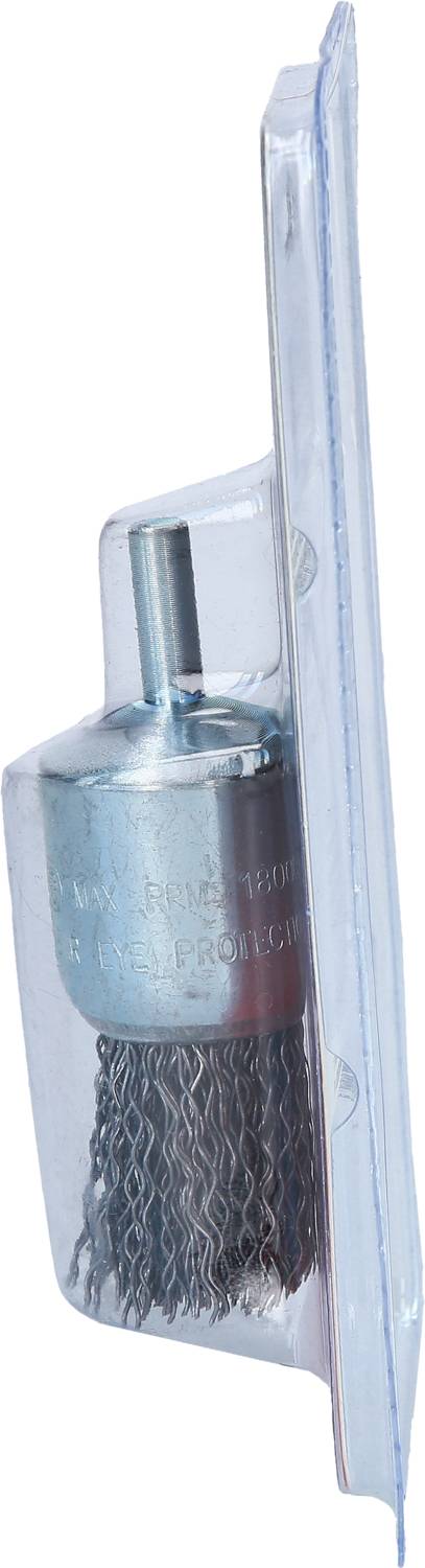 Metalowa szczotka druciana w przezroczystym opakowaniu plastikowym, przeznaczona do wiertarek, do usuwania rdzy i farby z powierzchni metalowych.