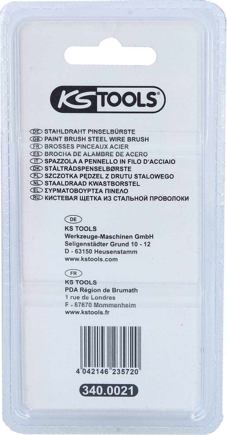 Etykieta opakowania z różnymi tłumaczeniami językowymi dla 'szczotki stalowej'. Na dole znajdują się informacje kontaktowe KS TOOLS.