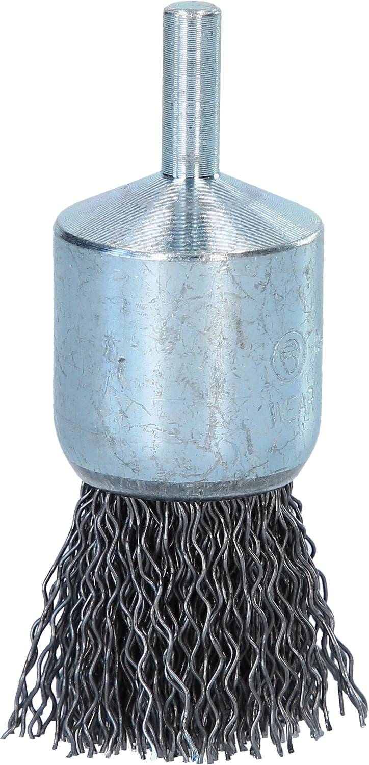 Cylindryczna stalowa głowica szczotki z gęstymi, długimi drucianymi włoskami, zakończona metalowym trzpieniem do mocowania w narzędziach.