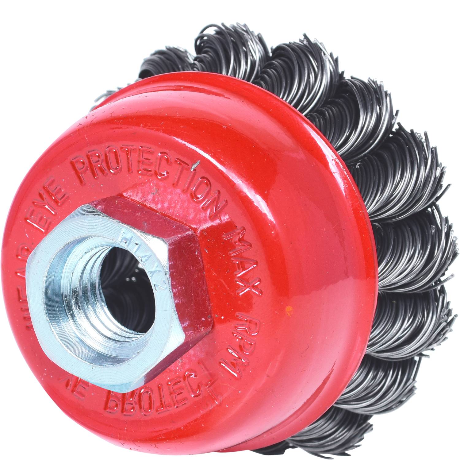 Okrągła szczotka druciana z czerwoną obudową metalową i drucionymi włoskami. Odpowiednia do czyszczenia i usuwania rdzy z powierzchni.