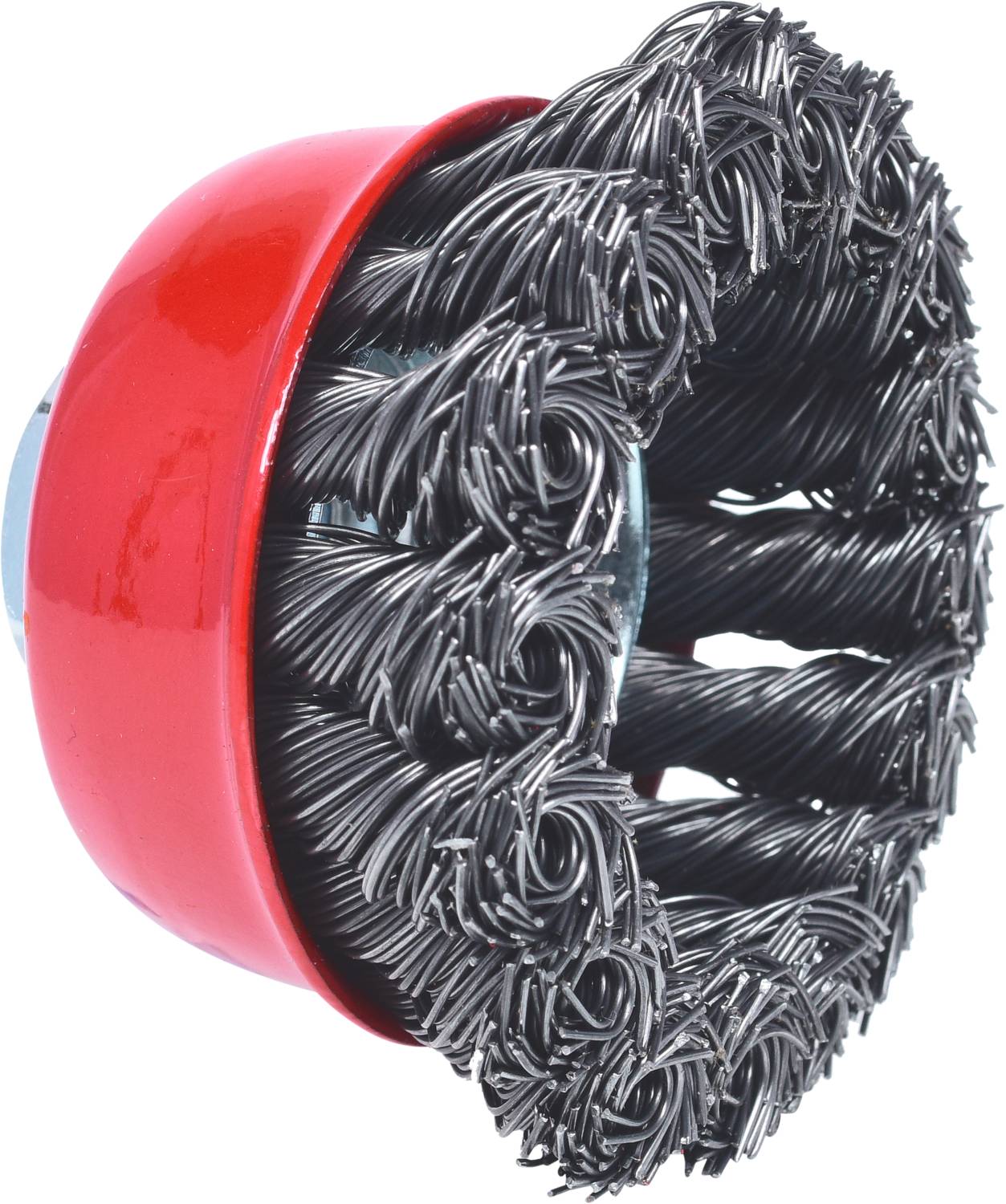 Okrągła szczotka druciana z czerwoną obudową, z drutowanymi metalowymi włoskami. Często używana do obróbki metali lub usuwania rdzy.