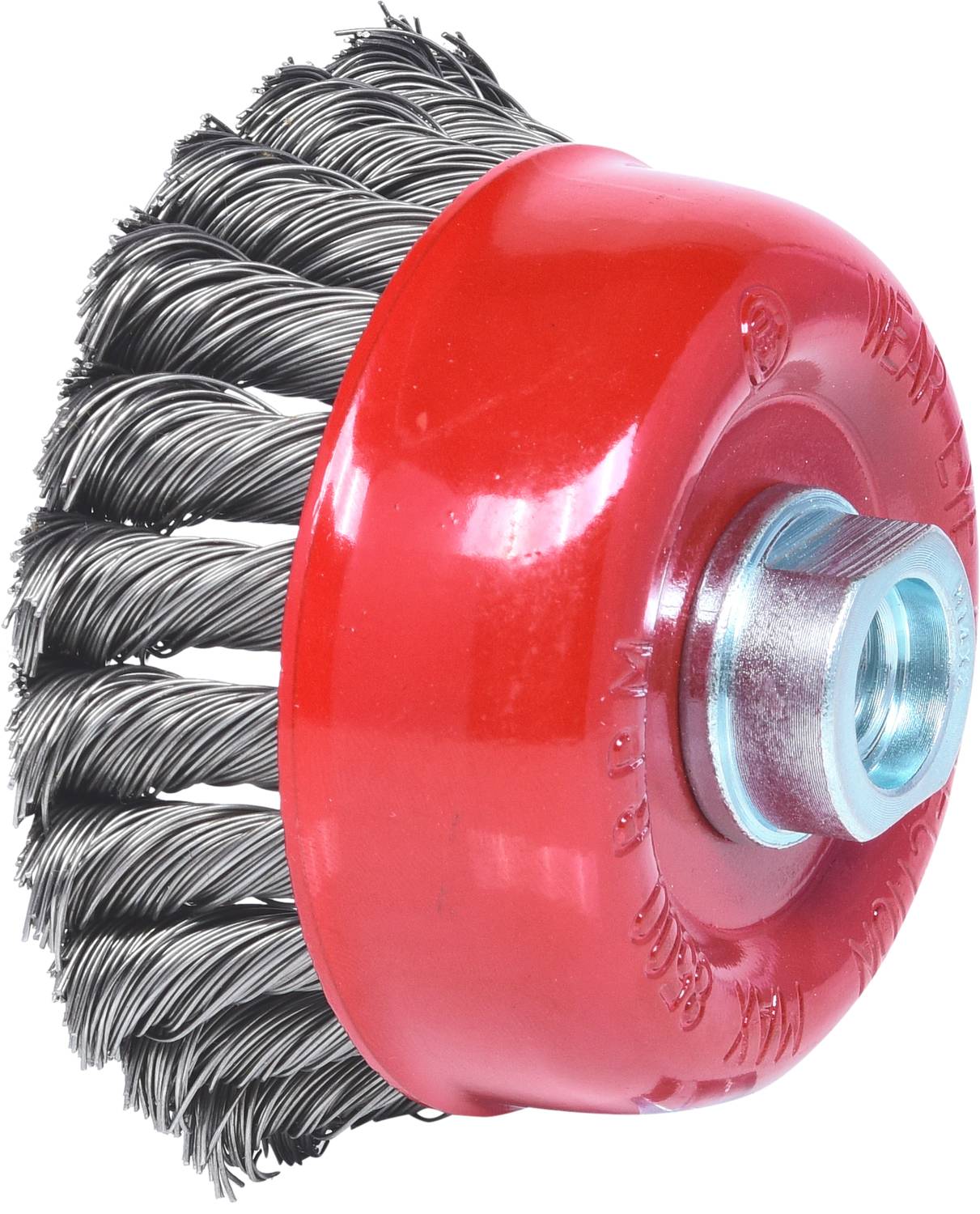 Metalowa szczotka druciana w czerwonej obudowie z spiral­kowatymi włoskami, używana do czyszczenia lub usuwania rdzy i farby.