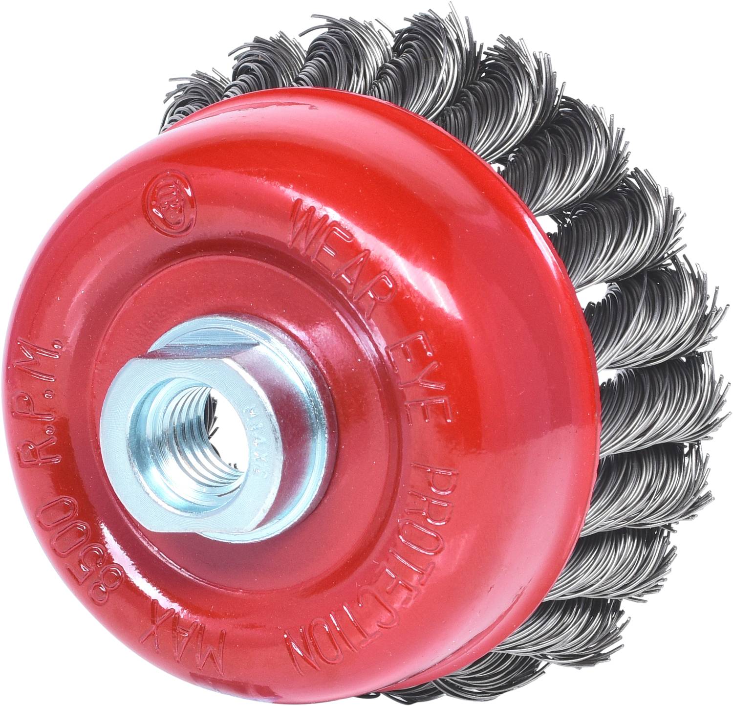 Szczotka druciana w kolorach czerwonym i czarnym z napisem "WEAR EYE PROTECTION" i metalowym gwintem pośrodku.