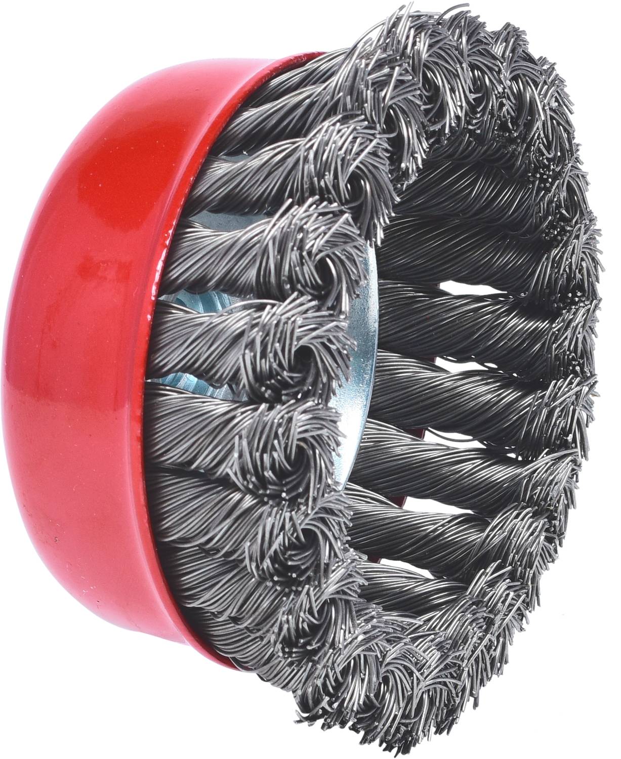 Czerwona szczotka druciana z zakrzywionymi włoskami, odpowiednia do czyszczenia powierzchni metalowych lub usuwania rdzy.