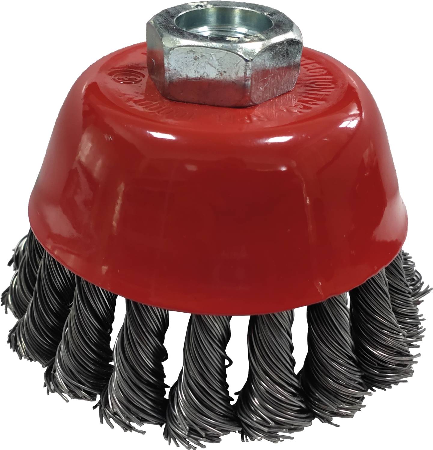 Czerwona szczotka druciana z poskręcanymi stalowymi włoskami i sześciokątną nakrętką mocującą u góry. Nadaje się do czyszczenia i usuwania rdzy.