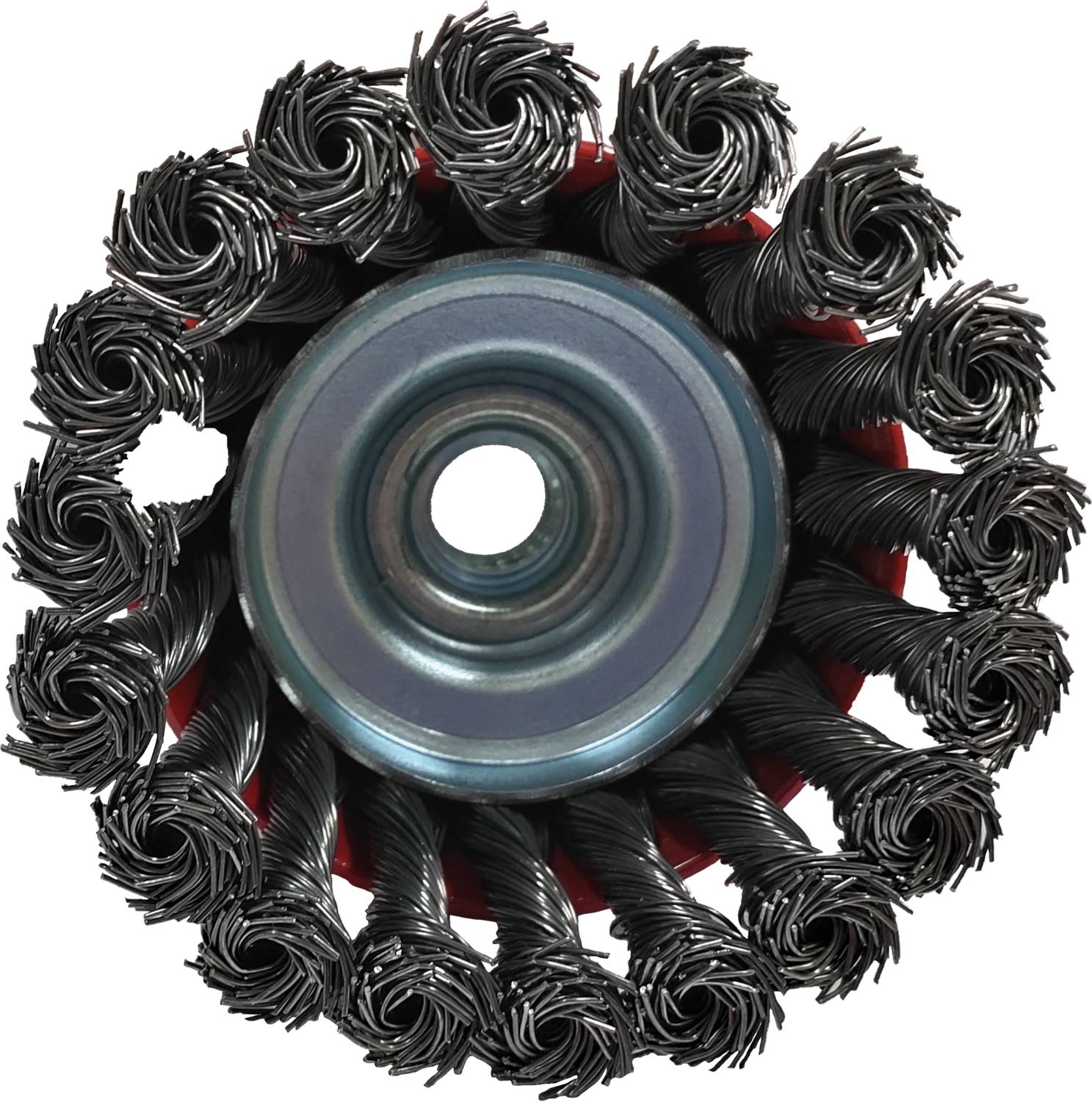 Tarcza szczotki stalowej z skręcanymi włoskami drutu, odpowiednia do usuwania rdzy i farby z powierzchni metalowych.