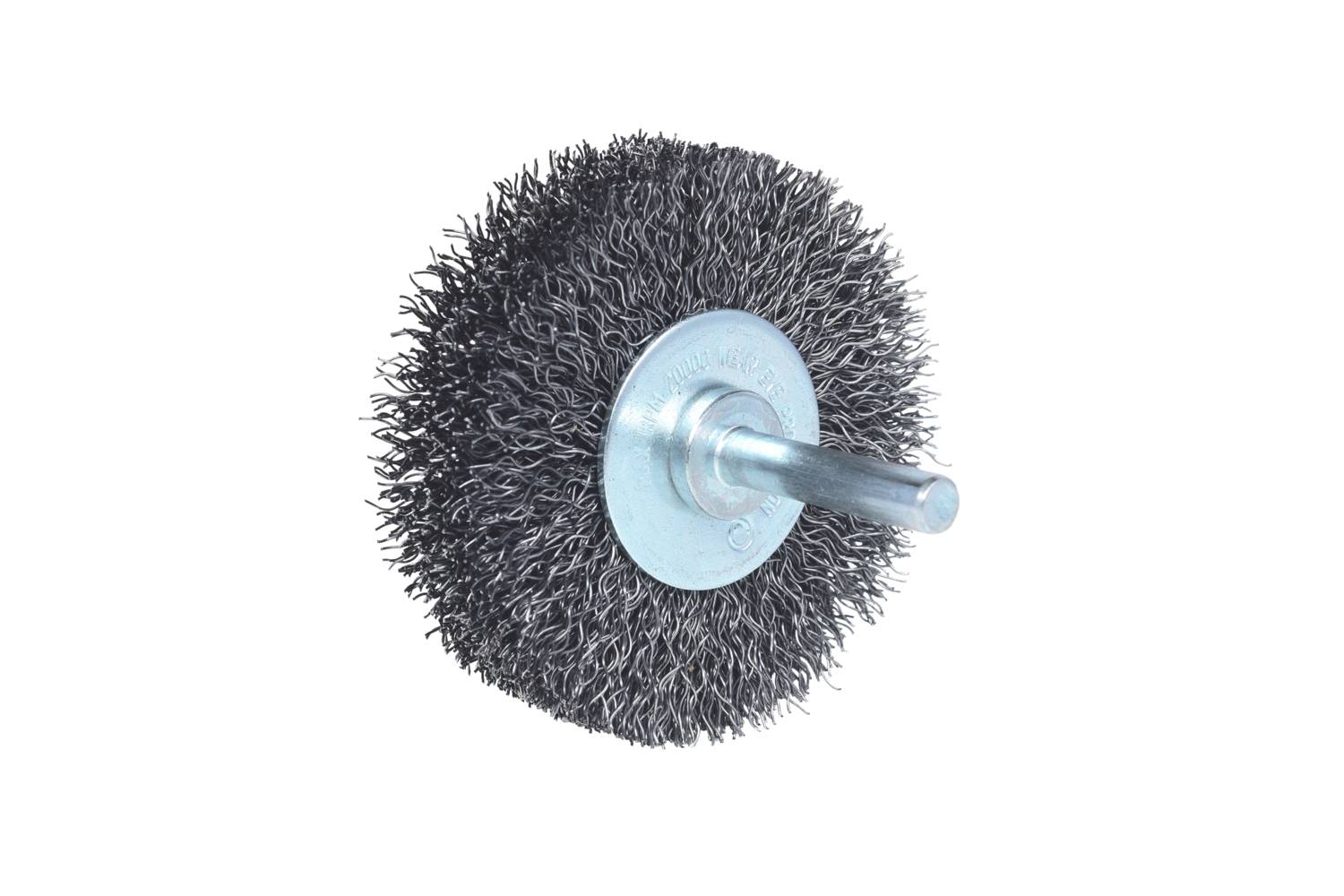 Szczotka druciana z metalowymi włoskami i cylindrycznym uchwytem, odpowiednia do czyszczenia lub usuwania rdzy z powierzchni.