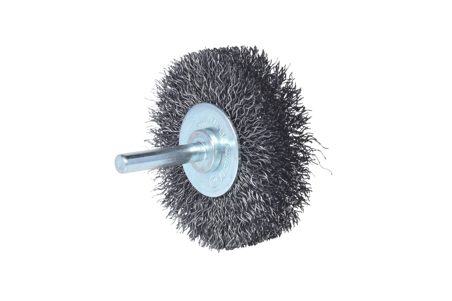 Obrotowa szczotka druciana z metalowymi włoskami i długim uchwytem, używana do obróbki powierzchni i usuwania rdzy.