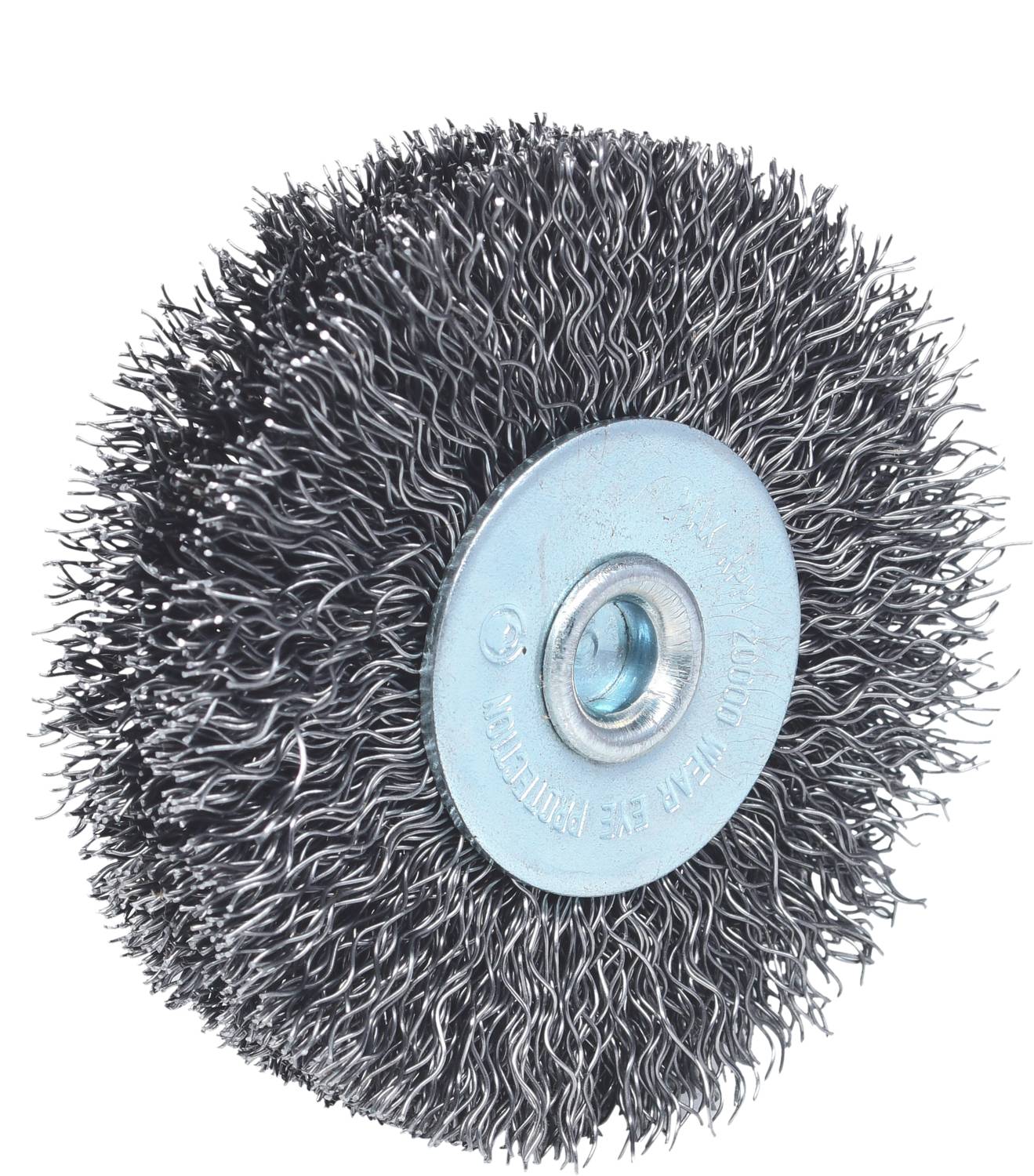 Okrągła szczotka druciana z metalowymi włoskami, odpowiednia do czyszczenia i usuwania rdzy z powierzchni metalowych.