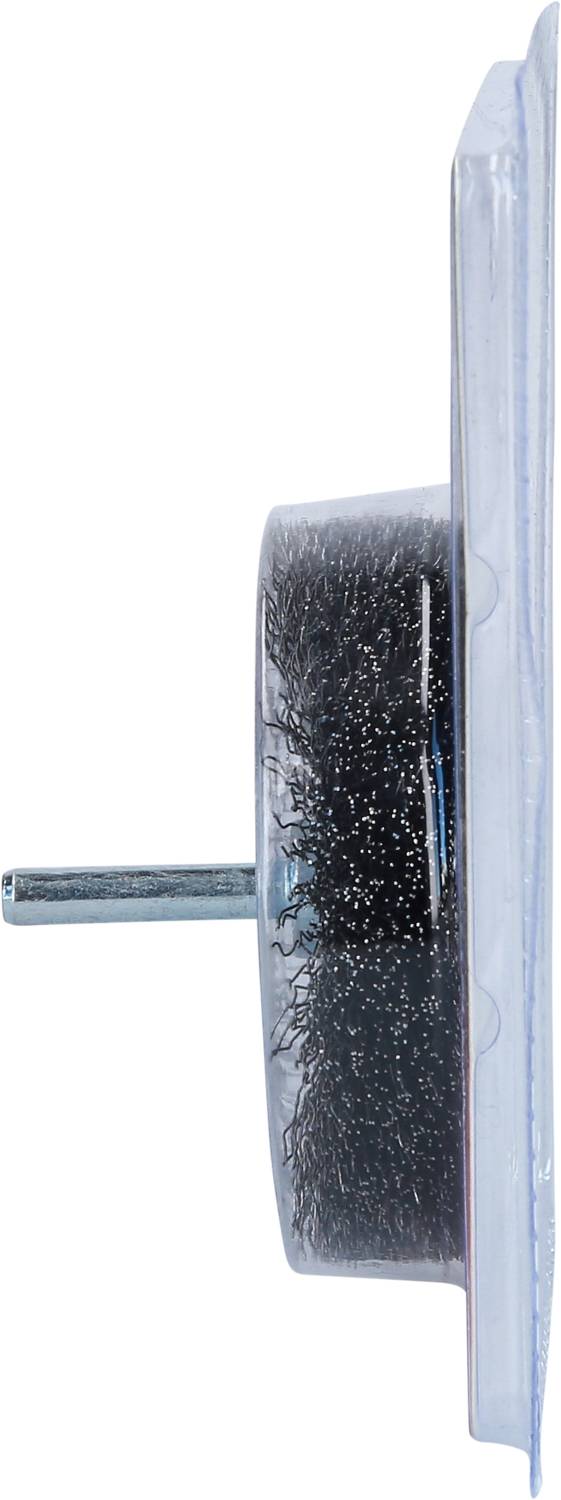 Nakładka z drucianych szczotek w widoku bocznym, zamontowana w przezroczystym opakowaniu.
