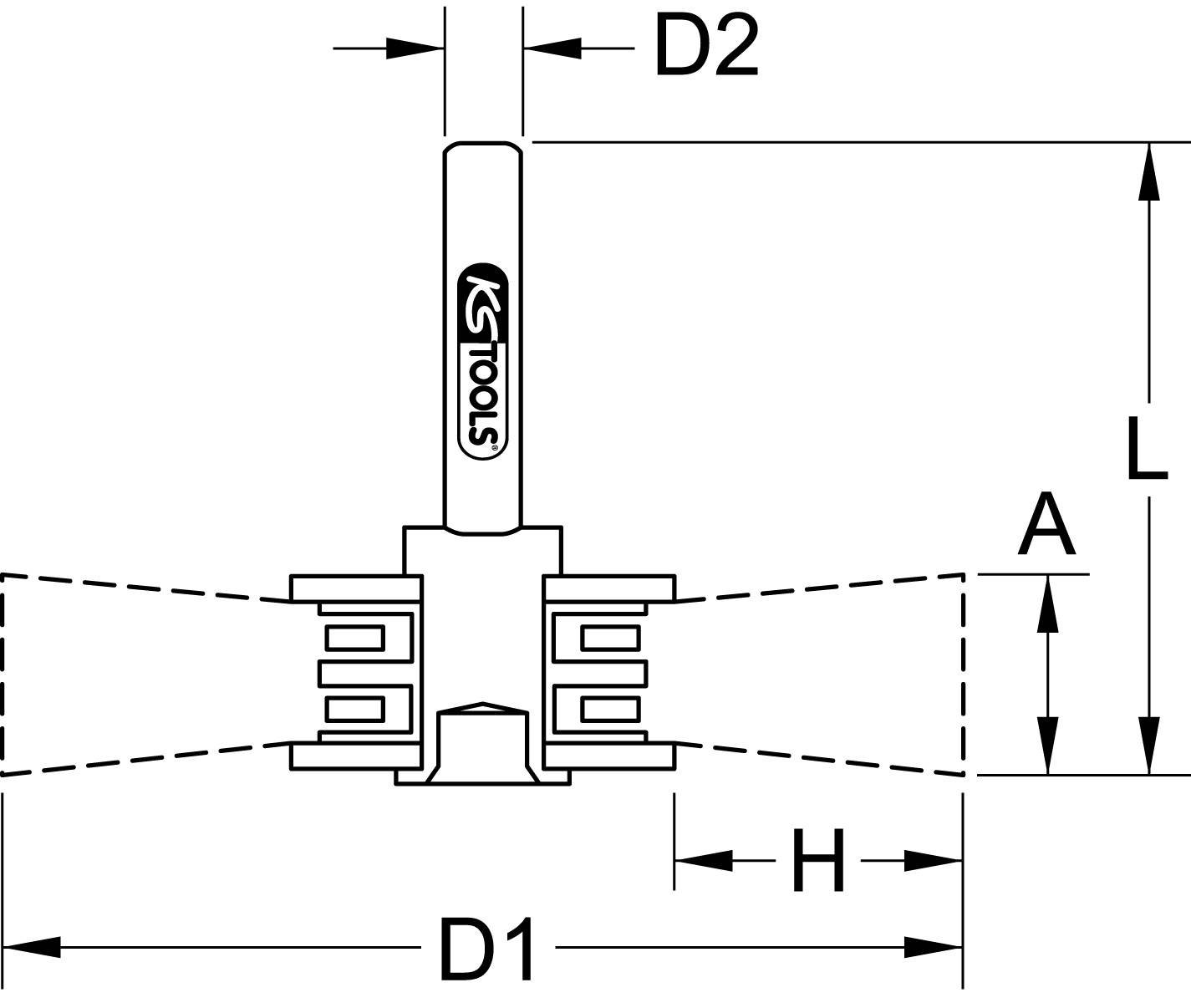 Diagram ściągacza z wymiarami: szerokość 'D2' u góry, szerokość 'D1' u dołu, odstęp 'A' po bokach, wysokość 'H', całkowita wysokość 'L'.