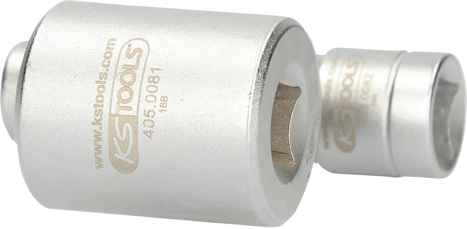 Dwie srebrne nakrętki metalowe, z przodu większa z kwadratowym otworem; oznaczenie 'KS Tools 405.0081', z tyłu mniejsza.