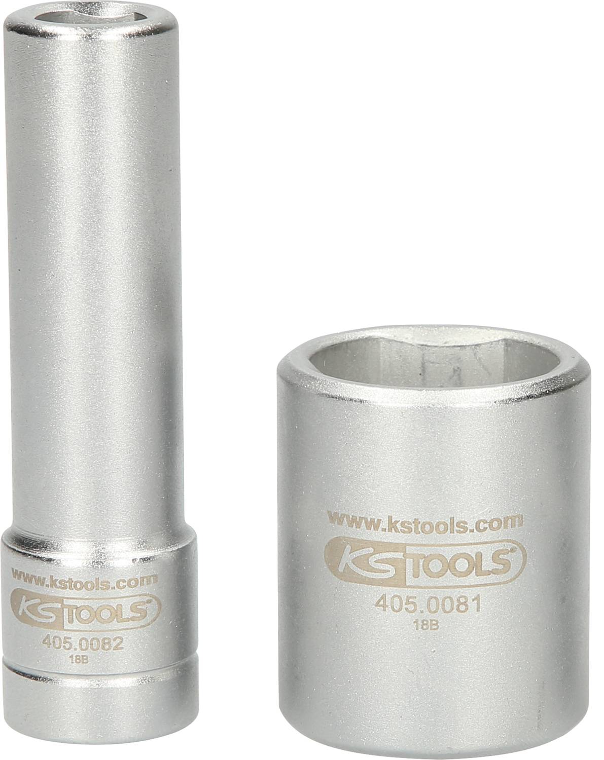 Dwa srebrne przedłużki do klucza nasadowego firmy KS Tools, jeden długi, drugi krótki. Odpowiednie do prac śrubowych, produkty ponumerowane.