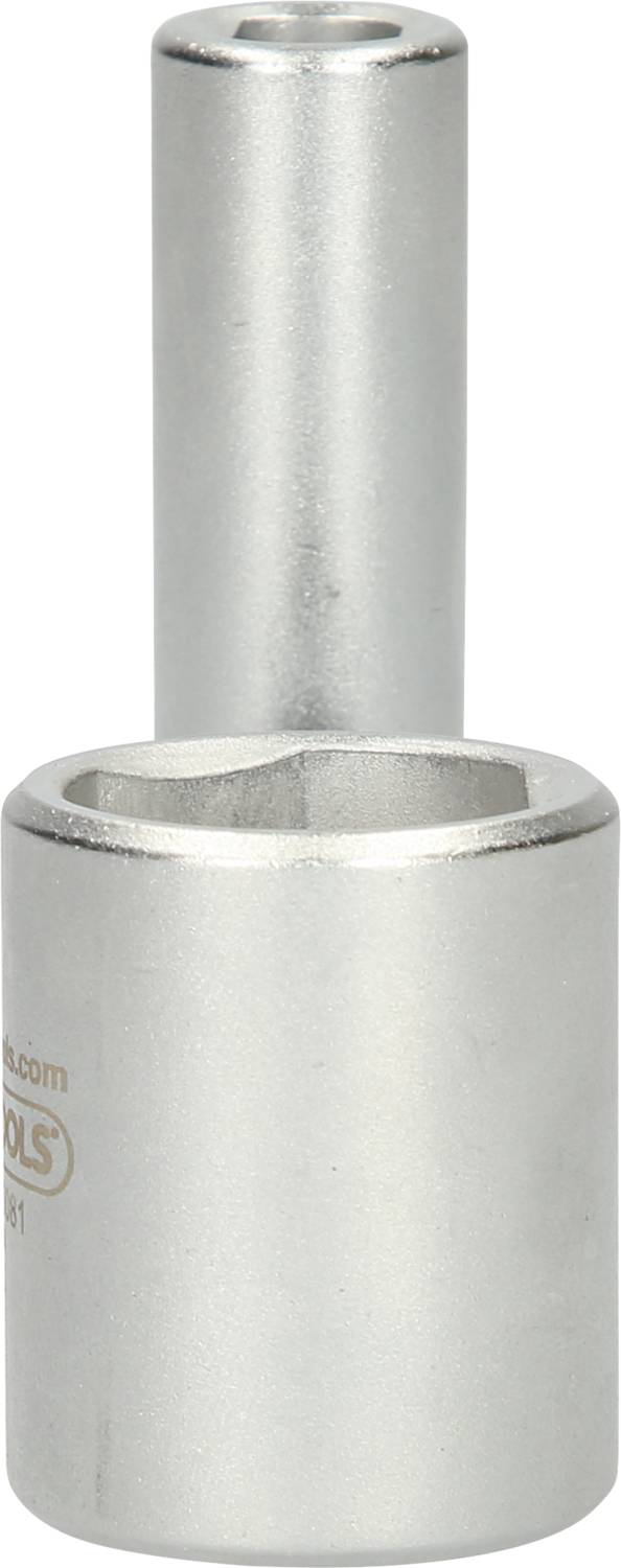 Srebrny klucz nasadowy, zwany również nasadką, do prac mechanicznych. Cylindryczny kształt z otworem do podłączenia narzędzia.