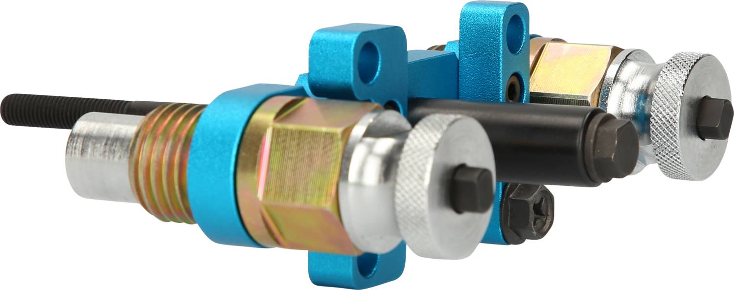 Dwa niebieskie mechaniczne elementy z metalowymi cylindrami i śrubami, umieszczone obok siebie. Wydają się być przeznaczone do użytku przemysłowego.