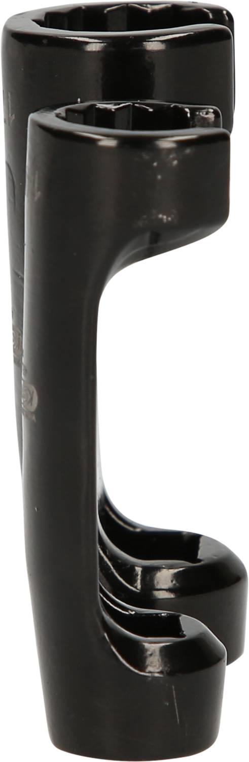 Dwa czarne metalowe klucze nastawne o skręconym kształcie, ułożone jeden na drugim.