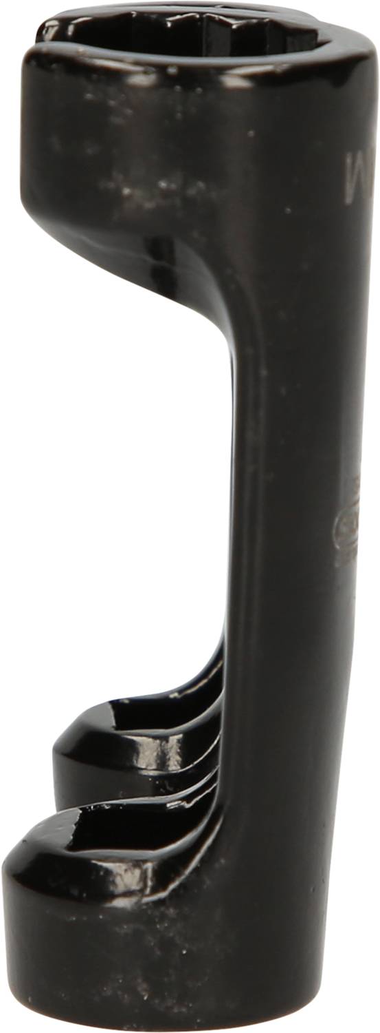 Czarny klucz pierścieniowy o specjalnym wzornictwie, zapewniającym lepszy dostęp w ciasnych przestrzeniach. Odpowiedni do śrub i nakrętek.