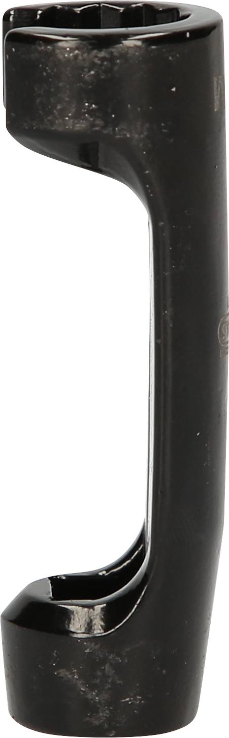 Czarny klucz pierścieniowy o specjalnym wzornictwie, przydatny do napraw w trudno dostępnych miejscach.