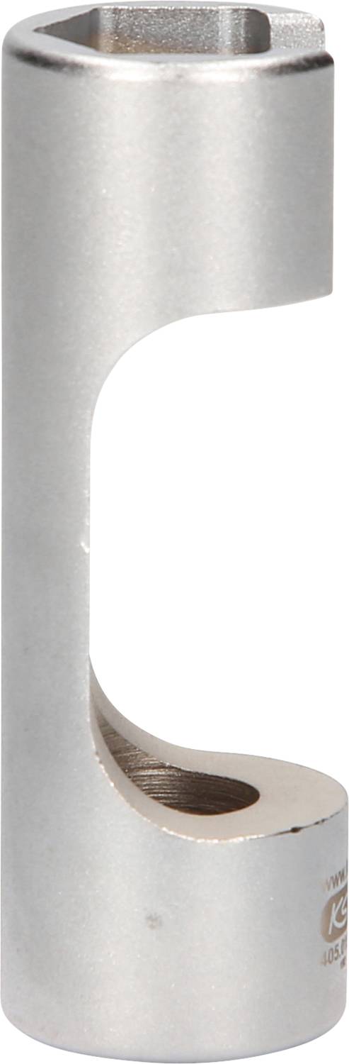 Srebrne metalowe narzędzie o wygiętym kształcie, prawdopodobnie specjalny klucz lub uchwyt, z owalnym wycięciem pełniącym określoną funkcję.