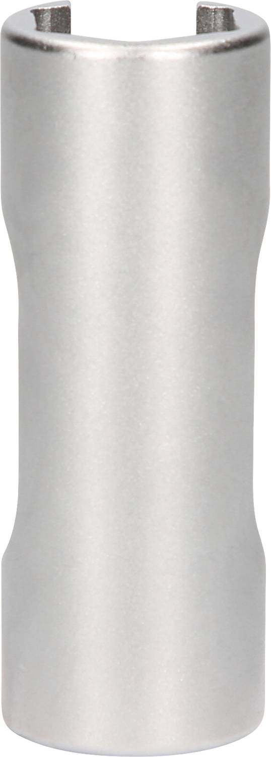 Srebrzysto-metalowy element cylindryczny z wycięciem w kształcie litery V na jednym z końców.