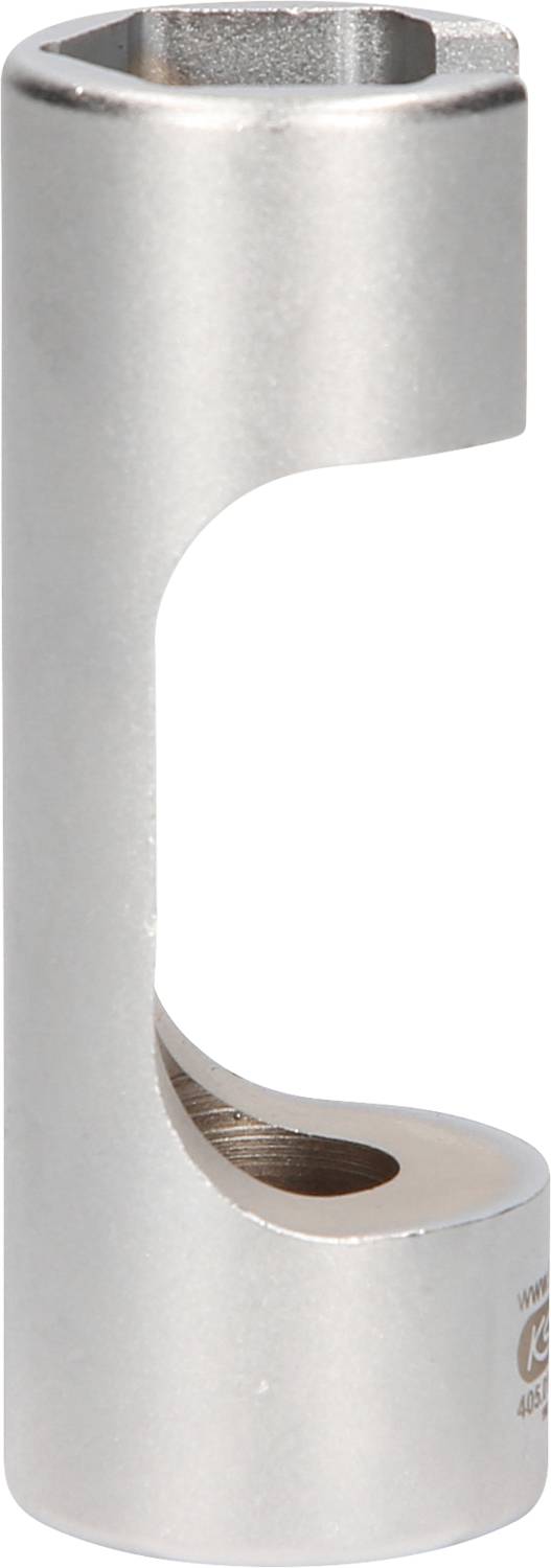 Metalowy klucz o niezwykłym, wygiętym kształcie, prawdopodobnie używany jako otwieracz do butelek lub specjalistyczne narzędzie.