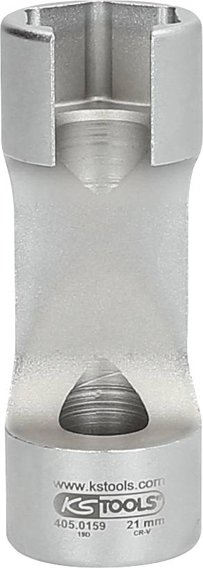 Srebrna nakrętka do świecy zapłonowej firmy KS Tools, 21 mm, o sześciokątnym kształcie z wycięciami po bokach dla łatwej obsługi.
