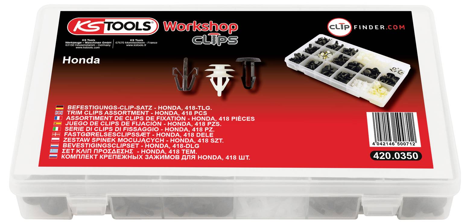 Zestaw klipów warsztatowych Honda w przezroczystym plastikowym pojemniku do przechowywania, oznaczony KS Tools CLIP FINDER i 420.0350, z różnymi złączkami widocznymi na ilustracji.