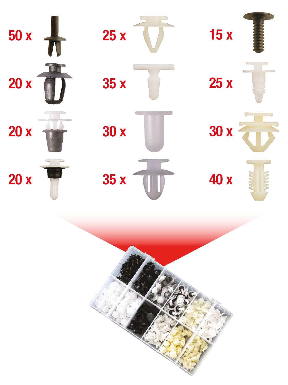 Obraz przedstawia zestaw kołków plastikowych różnych rodzajów i ilości (łącznie 285 sztuk). Na dole widoczne jest otwarte pudełko z przegródkami.