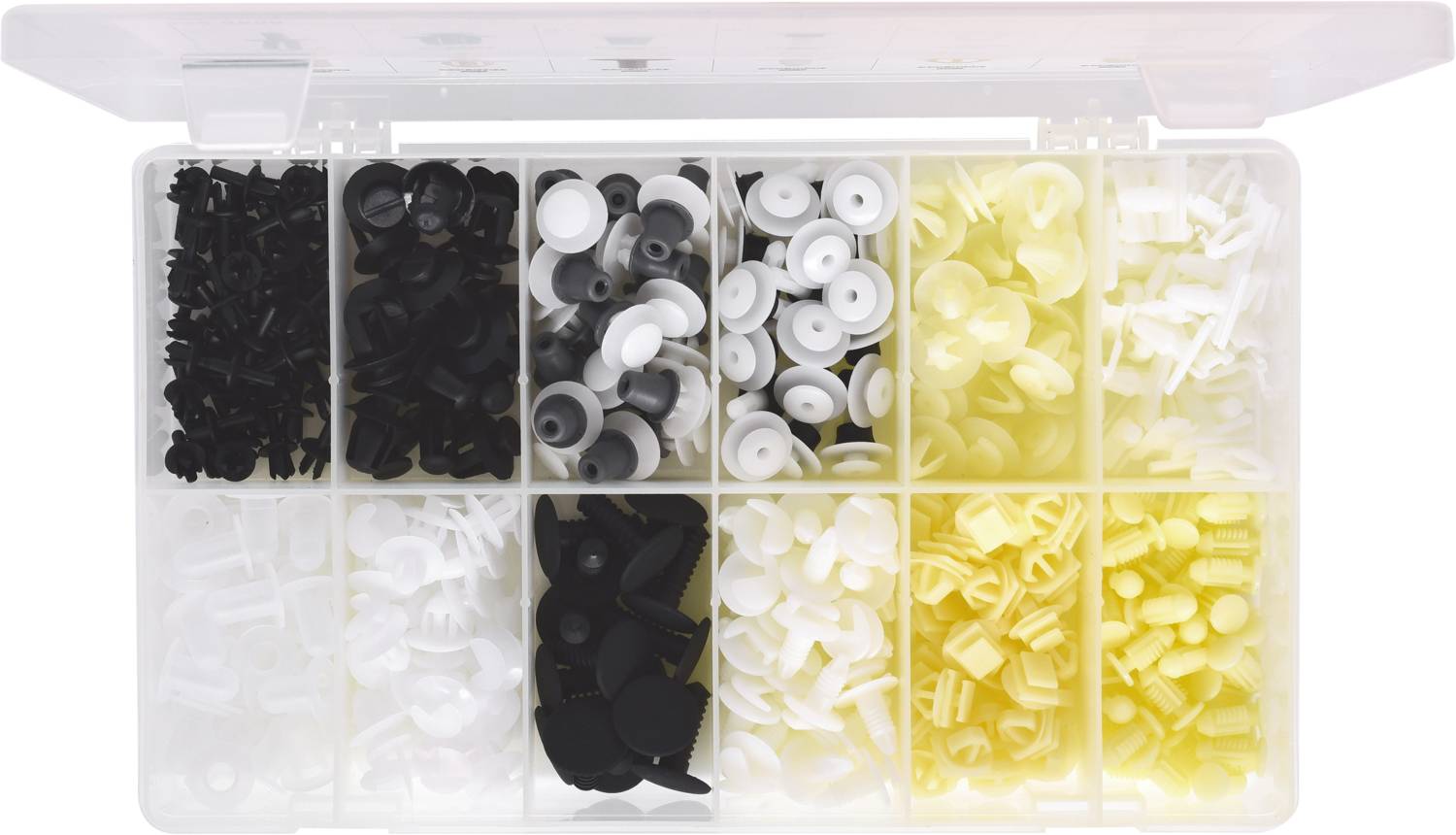 Pudełko z dwunastoma przegródkami, zawierające plastikowe klipsy w różnych kolorach i kształtach, głównie w kolorach czarnym, białym i żółtym.