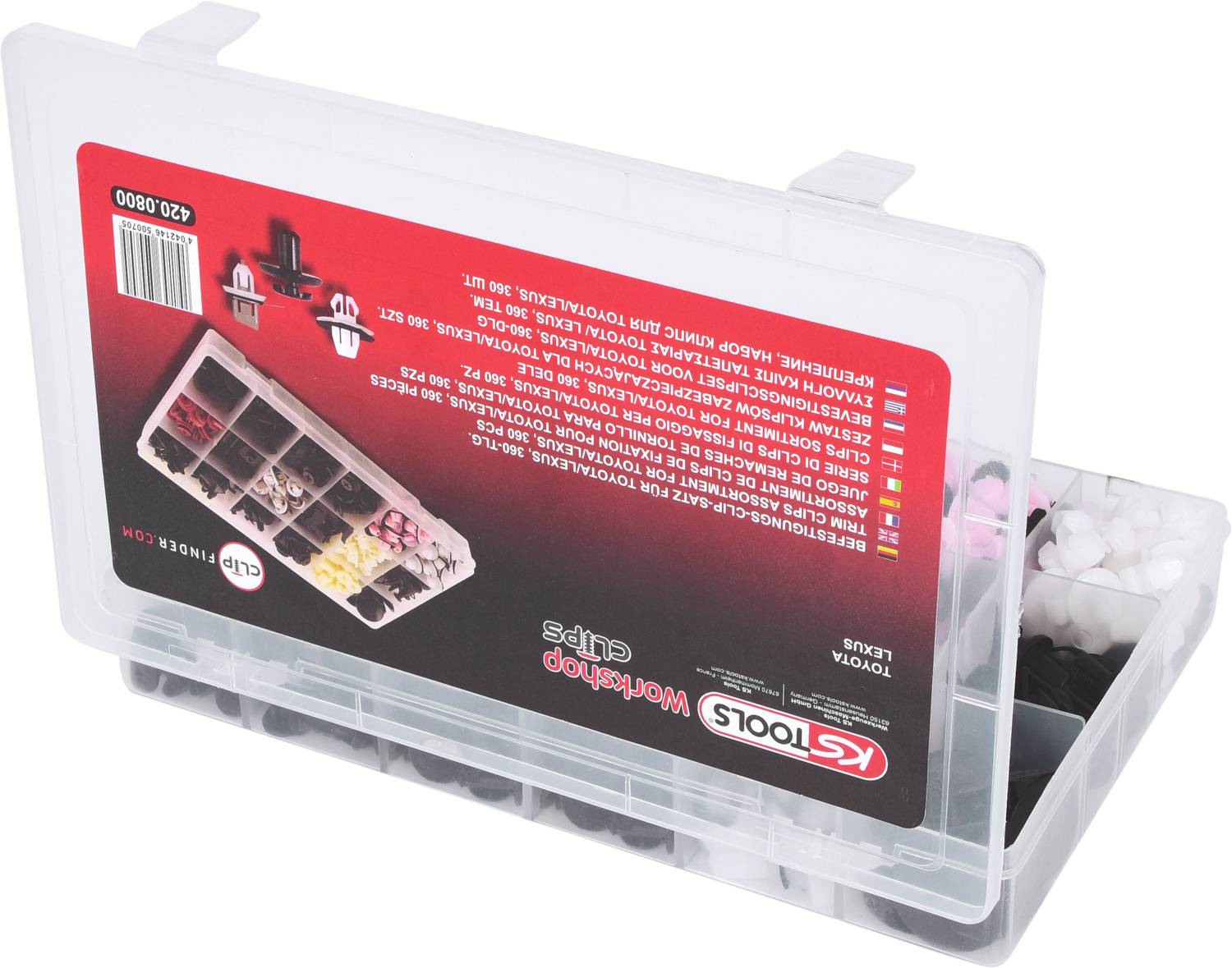 Otwarte pudełko do przechowywania narzędzi marki KS Tools dla zacisków warsztatowych, prezentujące posortowane przegródki z różnymi klipsami i opisem na wieczku.