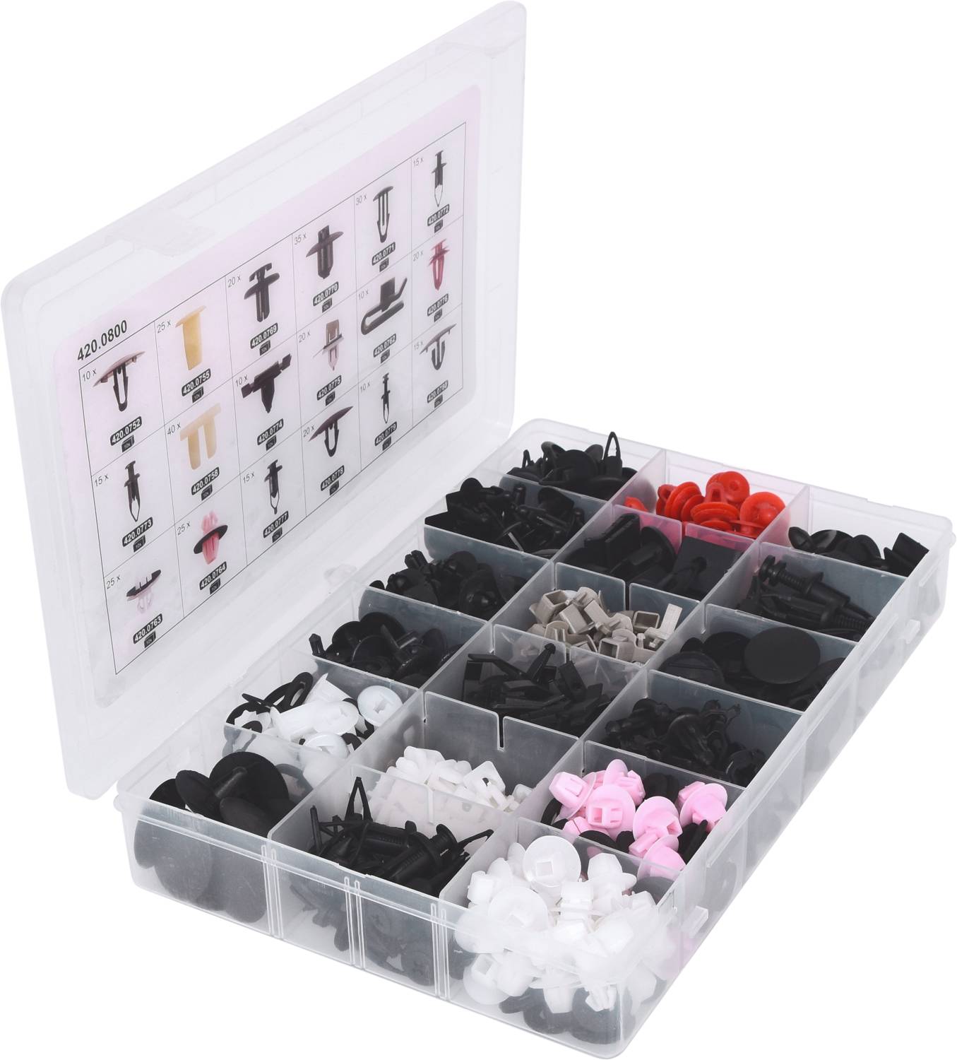 Plastikowe pudełko z przegródkami, wypełnione różnokolorowymi opaskami kablowymi w kolorach czarnym, białym, szarym i czerwonym.