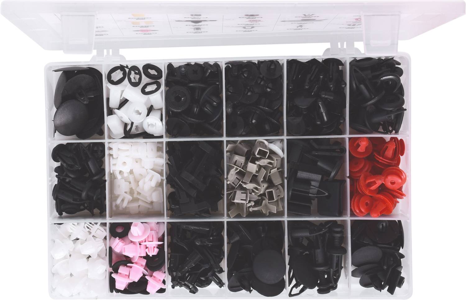 Plastikowe pudełko z przegródkami o pojemności 15 komór, wypełnione różnokolorowymi i różnokształtnymi zatrzaskami samochodowymi w kolorach czarnym, białym, szarym i czerwonym.