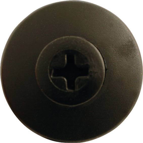 Widok czarnej śruby z łbem krzyżowym z góry w ujęciu zbliżonym.