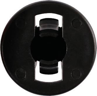 Czarna plastikowa część z centralnym otworem i dwoma otworami bocznymi. Prawdopodobnie element systemu mocującego lub złącznego.