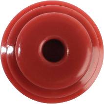 Czerwony, okrągły dysk plastikowy z centralnym otworem, z równomiernymi koncentrycznymi kołami.