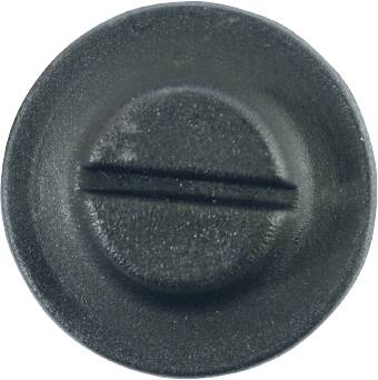 Czarna plastikowa śruba z płaską główką, z prostym nacięciem na wierzchu, widok z góry.