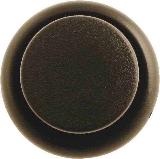 Okrągły, czarny guzik z lekko wypukłą powierzchnią pośrodku. Guzik jest prosty i funkcjonalny w swoim wzornictwie.