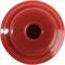Czerwony, okrągły krążek z tworzywa sztucznego z otworem pośrodku, prawdopodobnie będący częścią zabawki lub możliwy do wykorzystania jako zatyczka.