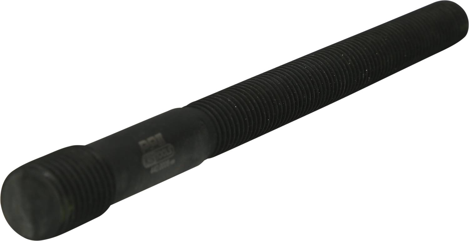 Czarny, długi metalowy śrubowy bolec gwintowany po obu końcach.